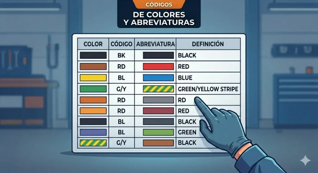 Tabla de referencia técnica detallada que decodifica los códigos de colores, abreviaturas (como BK, RD, BL) y definiciones estándar de cables utilizados en los diagramas eléctricos automotrices, con una mano señalando.