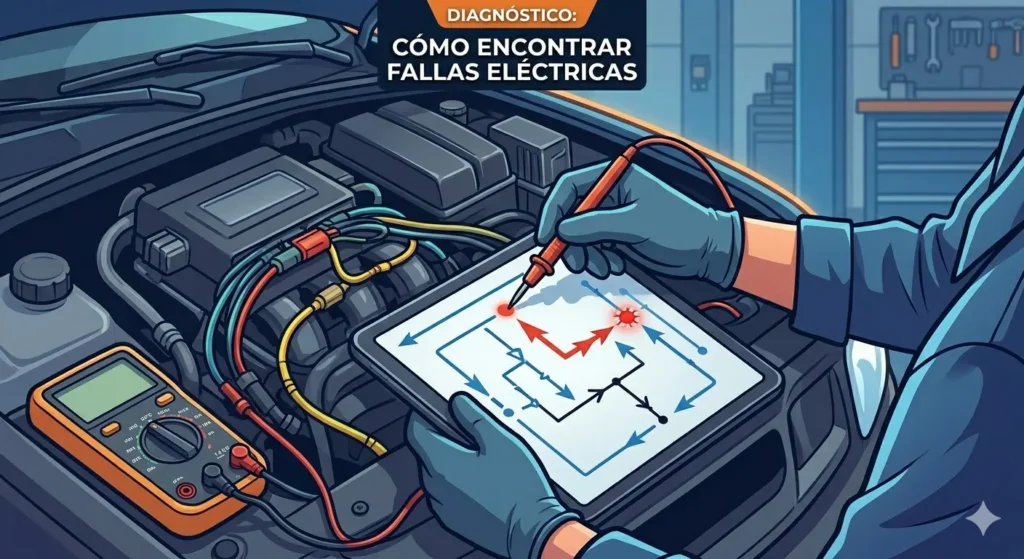 Manos de técnico usando un multímetro sobre un mazo de cables en el motor para identificar fallas eléctricas mediante un diagrama.