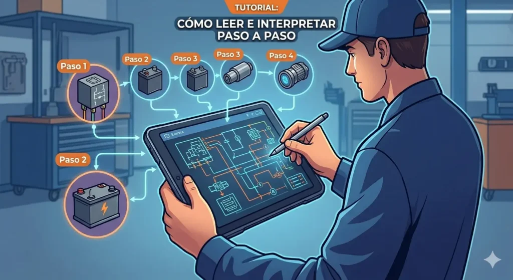 écnico siguiendo un proceso numerado paso a paso sobre una tableta rugerizada para aprender a leer diagramas eléctricos automotrices.