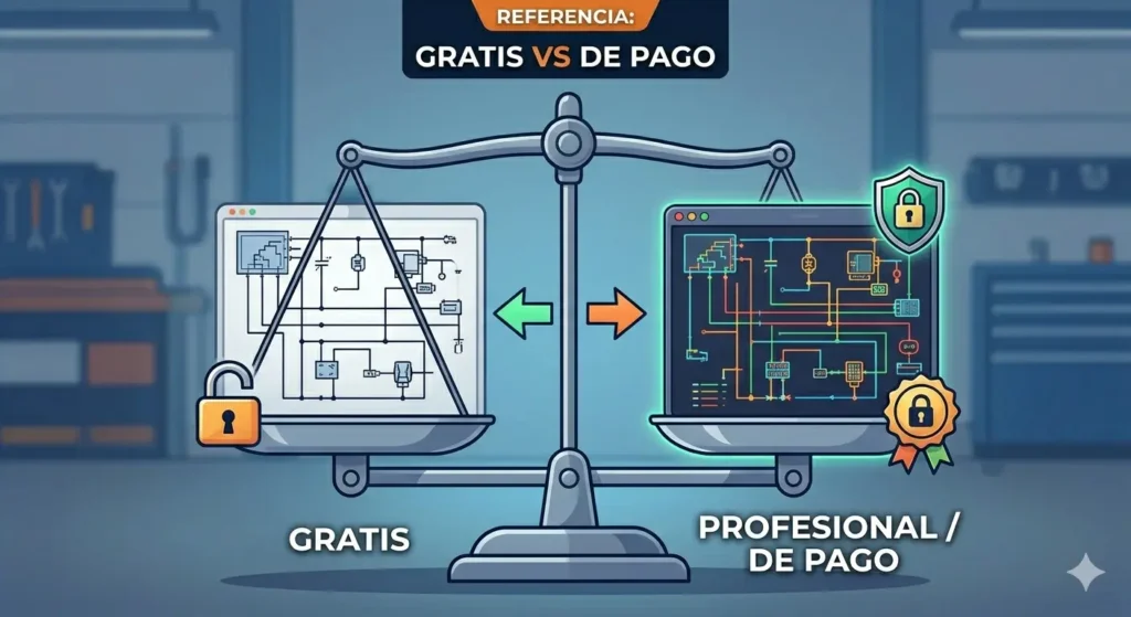 Balanza técnica comparando un diagrama eléctrico automotriz gratuito (básico) vs profesional (pago/detallado).