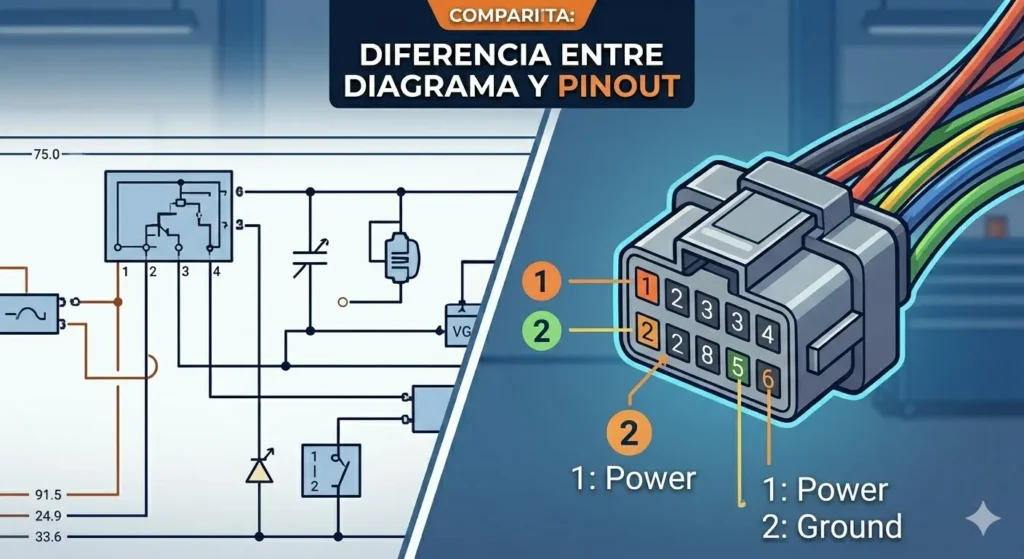Comparación lado a lado entre un circuito tradicional y el pinout de un conector automotriz con sus pines numerados.