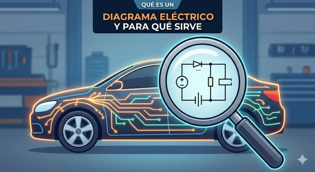 Ilustración de un coche moderno con su sistema eléctrico resaltado por una lupa, mostrando la función básica de un diagrama eléctrico automotriz.